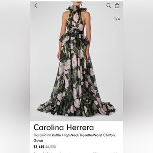 Carolina Herrera Green and Pink Floral Chiffon Gown